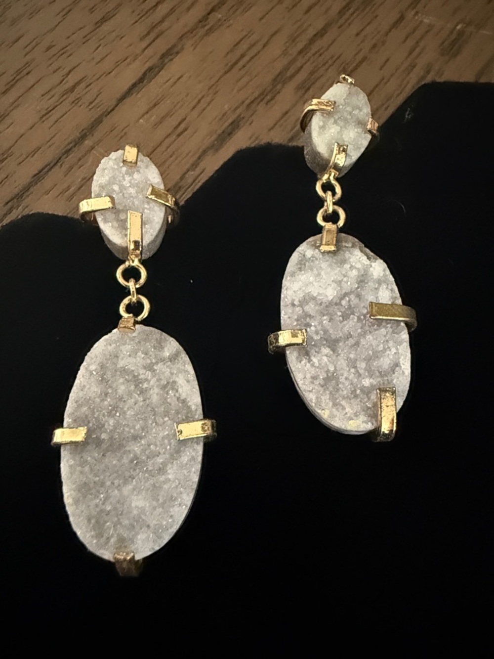 Gold-Trim White Druzy Oval Drop Earrings - Women's Jewelry
